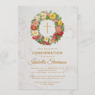 Invitación Rosa de confirmación Wreath Gold Cross Floral Marb