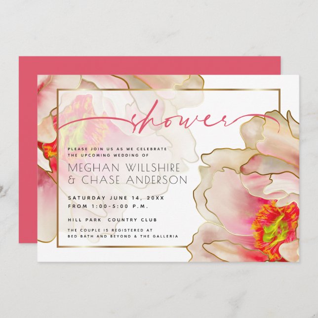 Invitación Rosa de coral exótico ducha de pareja peony (Anverso / Reverso)