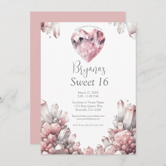 Invitación Rosa de corazón rosado Quartz Amor Crystal Sweet 1 (Anverso / Reverso)