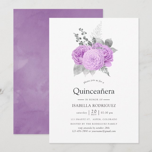 Invitación Rosa de cosecha de púrpura y plateada Quinceañera (Anverso / Reverso)