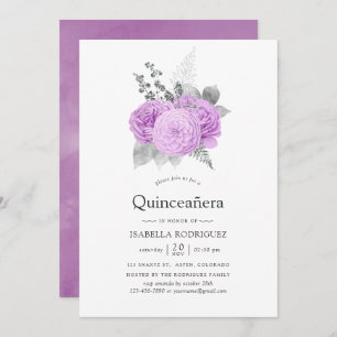 Invitación Rosa de cosecha de púrpura y plateada Quinceañera