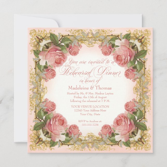 Invitación Rosa de cosecha parisino Mano Ensayo Cena (Anverso)