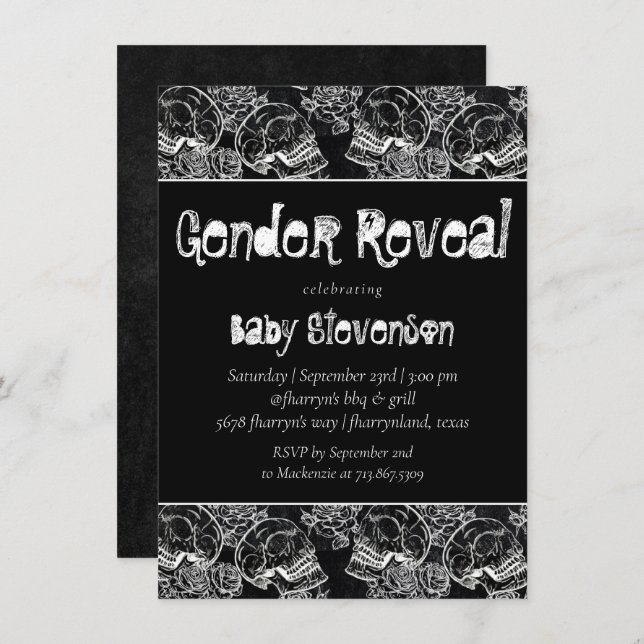 Invitación Rosa de cráneo | Funky Chalkboard Grunge Gender Re (Anverso / Reverso)