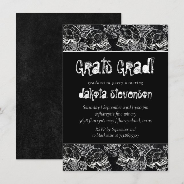 Invitación Rosa de cráneo | Graduación Grunge Funky Chalkboar (Anverso / Reverso)