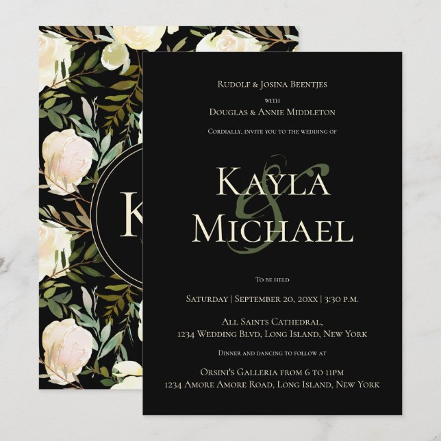 Invitación Rosa de crema Boda de monograma (Anverso / Reverso)