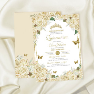 Invitación Rosa de crema de mariposa floral de oro blanco Qui