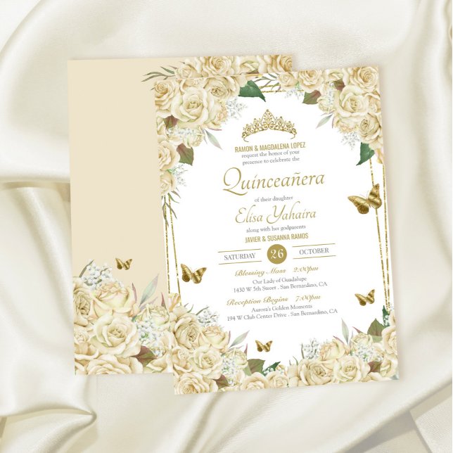 Invitación Rosa de crema de mariposa floral de oro blanco Qui (Subido por el creador)