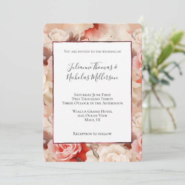 Invitación Rosa de crema de Rubor rosa bonito Boda floral (Anverso de pie)
