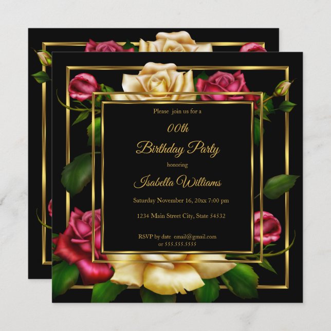 Invitación Rosa de crema roja floral Fiesta de cumpleaños neg (Anverso / Reverso)