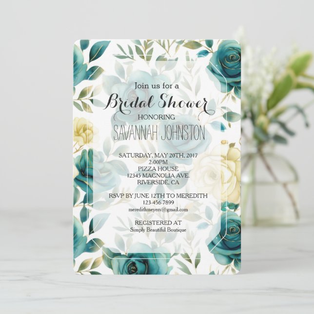 Invitación Rosa de crema verde azulada ducha de novia floral (Anverso de pie)