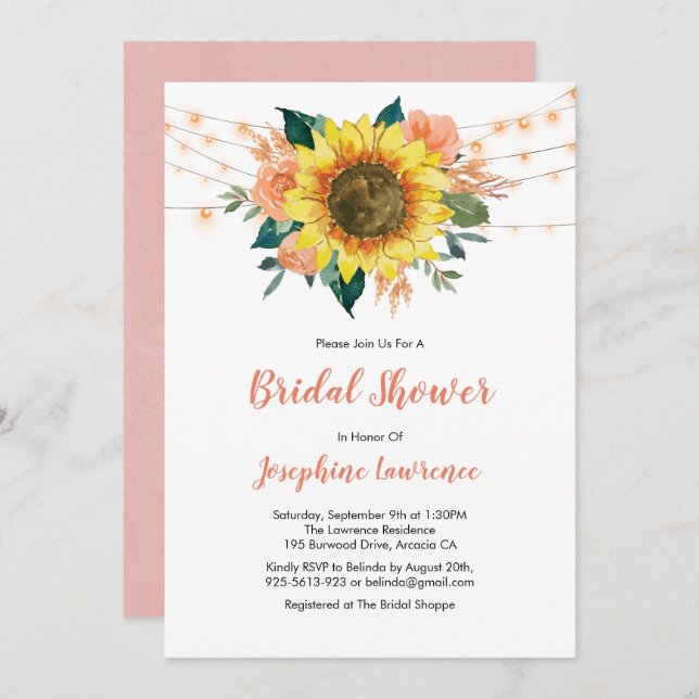 Invitación Rosa De Cuchara De Girasol Ilumina Ducha Bridal (Anverso / Reverso)