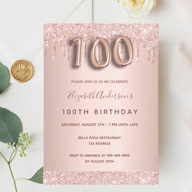 Invitación rosa de cumpleaños 100 purpurina de oro gotea glam (Subido por el creador)