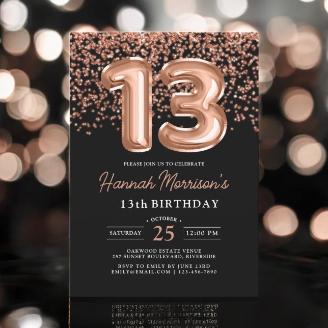 Invitación rosa de cumpleaños 13 Fiesta de globos negros de o (Subido por el creador)