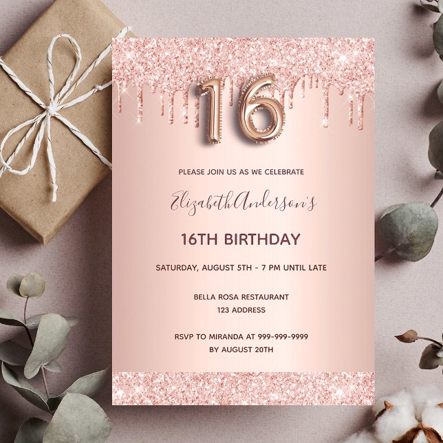 Invitación rosa de cumpleaños 16 purpurina de oro gotea glam  (Subido por el creador)