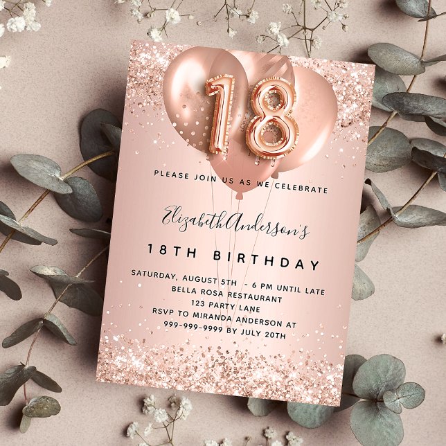 Invitación rosa de cumpleaños 18 globos de lujo dorado (Subido por el creador)