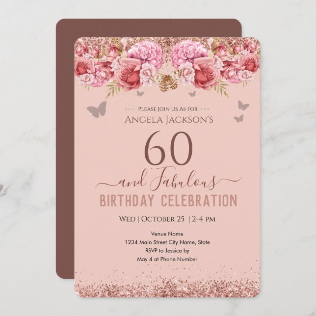 Invitación rosa de cumpleaños 60 y fabulosa para a (Anverso / Reverso)