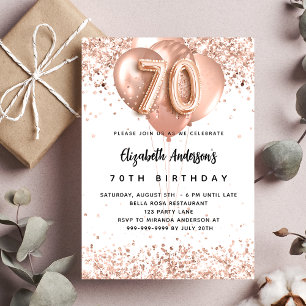 Invitación rosa de cumpleaños 70 globos de oro lujo blanco