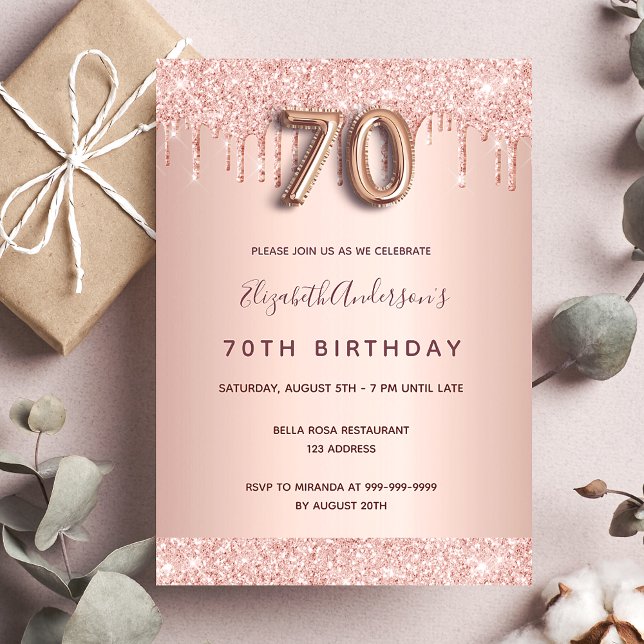 Invitación rosa de cumpleaños 70 purpurina de oro gotea glam  (Subido por el creador)