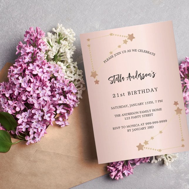Invitación Rosa de cumpleaños constelación de estrellas de Ca (Subido por el creador)