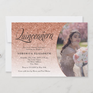 Invitación Rosa de cumpleaños de Quinceañera Purpurina de oro