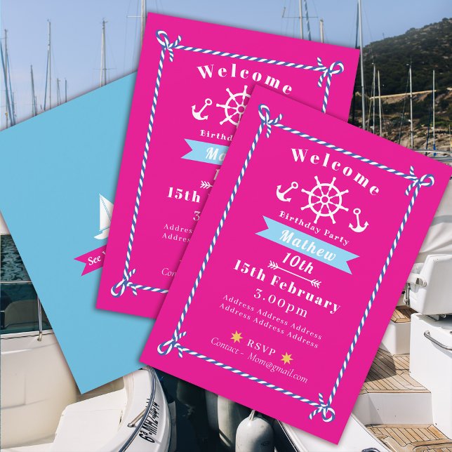 Invitación rosa de cumpleaños de Rope náutico (Nautical Rope Birthday Invitation Pink Card.)