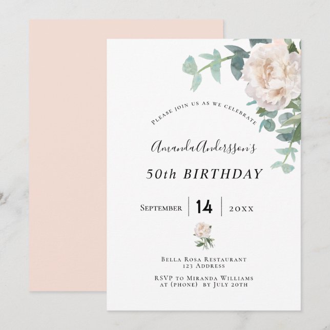 Invitación Rosa de cumpleaños dorado floral blanqueador elega (Anverso / Reverso)