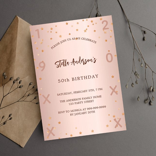 Invitación Rosa de cumpleaños estrellas de oro año lujo (Subido por el creador)