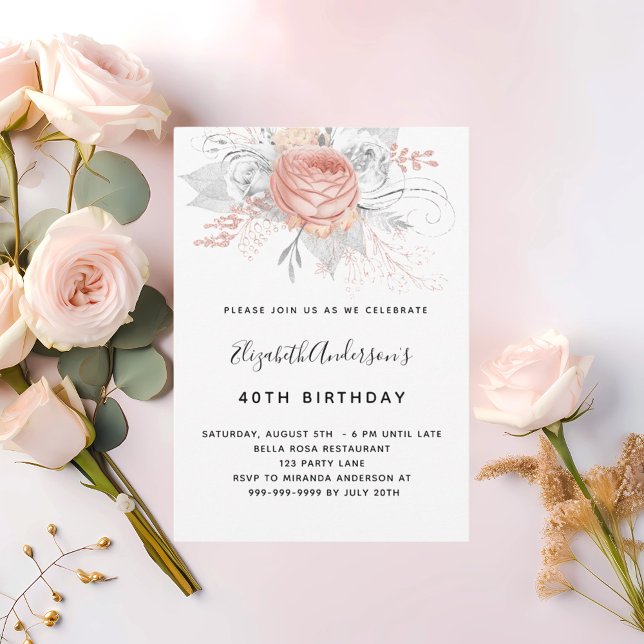 Invitación Rosa de cumpleaños florales de oro elegante blanco (Subido por el creador)