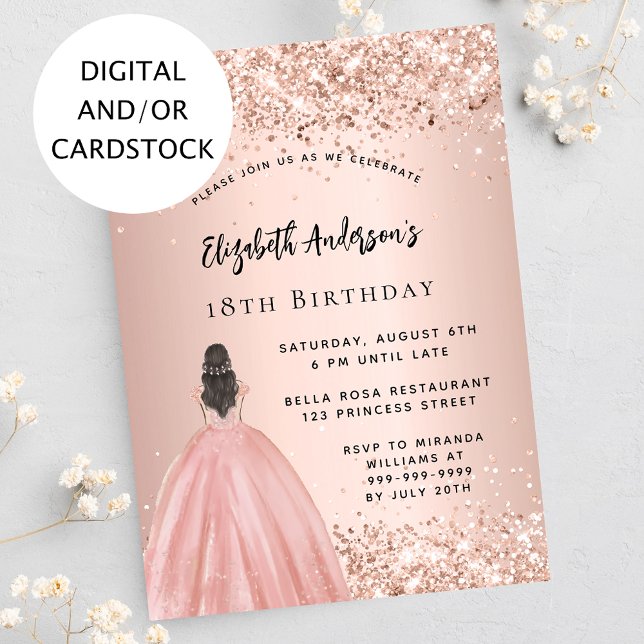 Invitación Rosa de cumpleaños oro confetti vestido de princes (Subido por el creador)