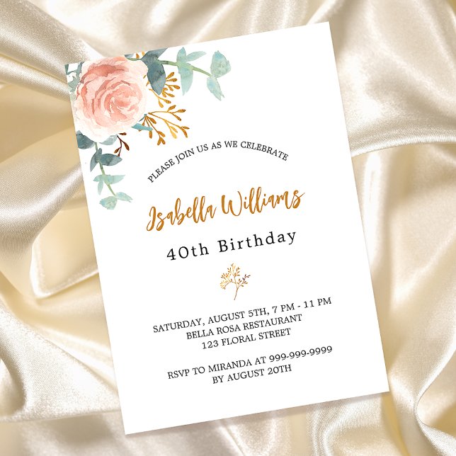 Invitación Rosa de cumpleaños oro eucalipto floral vegetación (Subido por el creador)