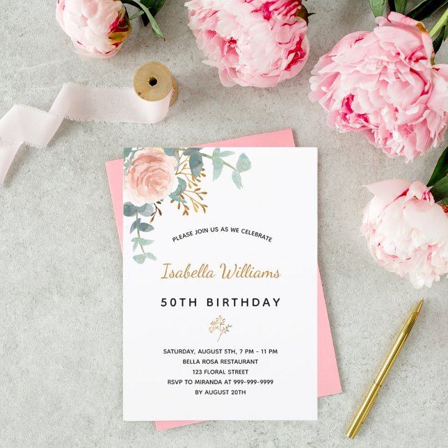 Invitación Rosa de cumpleaños oro eucalipto vegetación floral (Subido por el creador)
