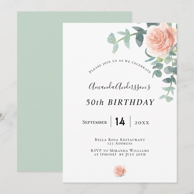 Invitación Rosa de cumpleaños oro floral de la vegetación bla (Anverso / Reverso)