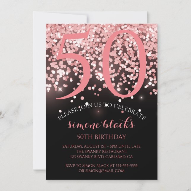 Invitación Rosa de cumpleaños oro purpurina rosa glam 50 cump (Anverso)