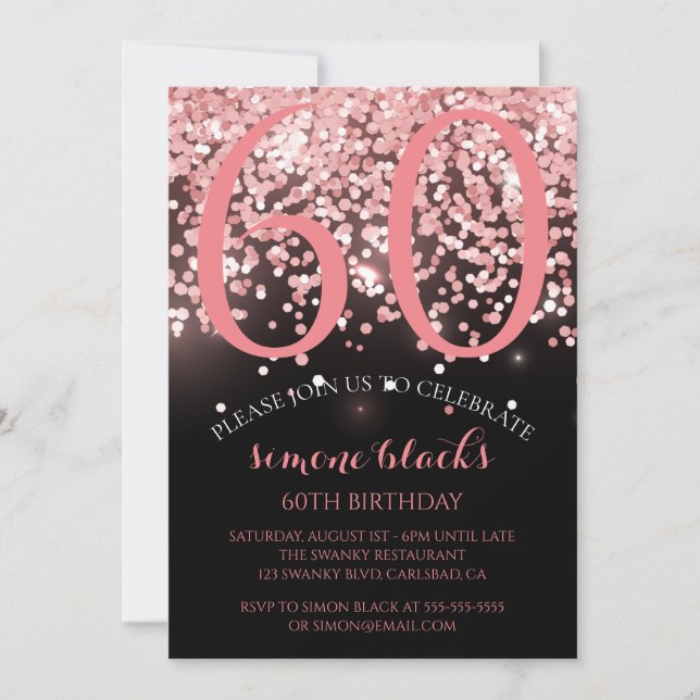 Invitación Rosa de cumpleaños oro purpurina rosa glam 60º cum (Anverso)