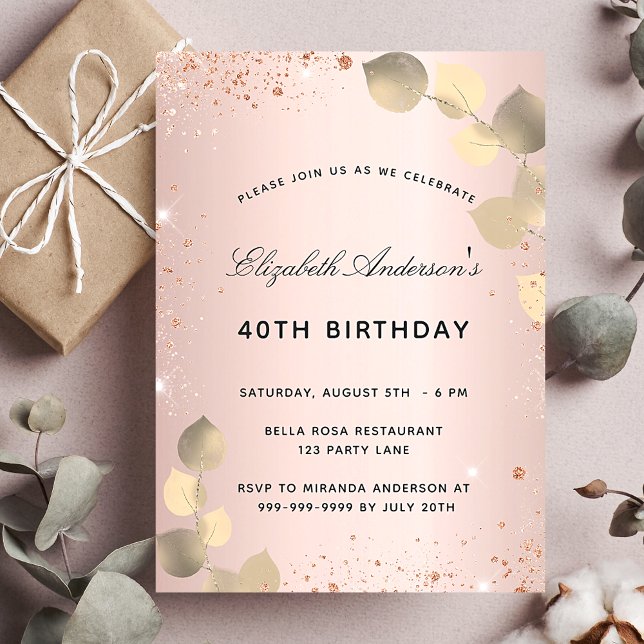 Invitación Rosa de cumpleaños oro rubor eucalipto lujo (Subido por el creador)