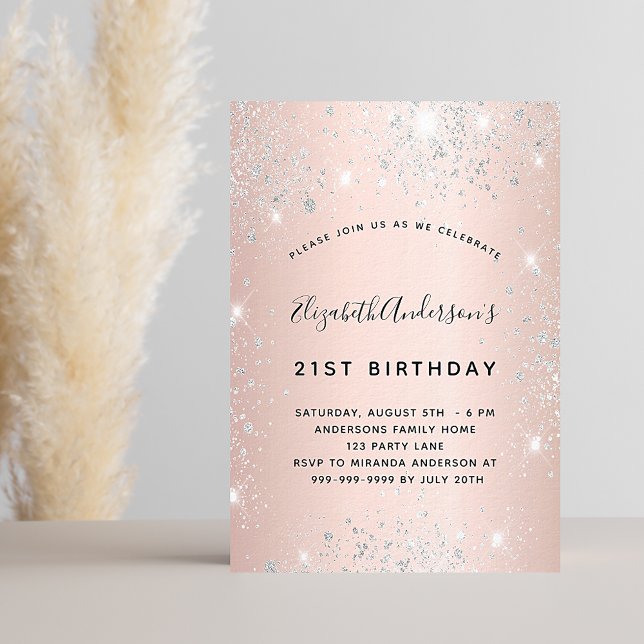 Invitación Rosa de cumpleaños oro rubor plata purpurina lujo (Subido por el creador)