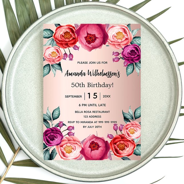 Invitación Rosa de cumpleaños oro rubor rosa púrpura lujo flo (Subido por el creador)