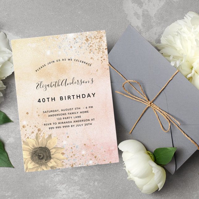 Invitación Rosa de cumpleaños oro rústico girasol purpurina p (Subido por el creador)