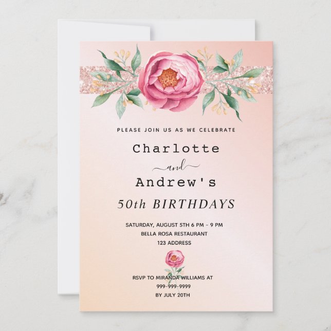 Invitación Rosa de cumpleaños purpurina de oro floral dos per (Anverso)