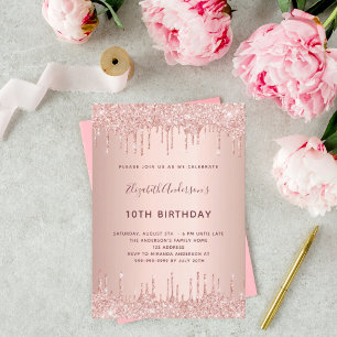 Invitación Rosa de cumpleaños purpurina de oro gotea lujo ros