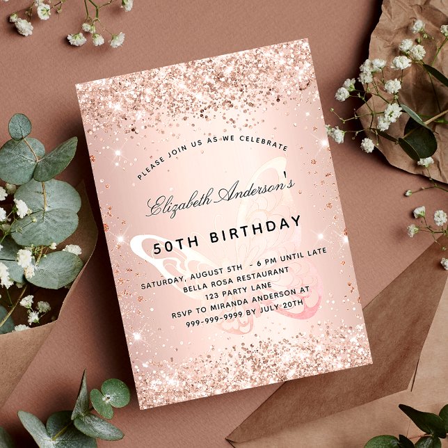 Invitación Rosa de cumpleaños purpurina de rubor de oro marip (Subido por el creador)