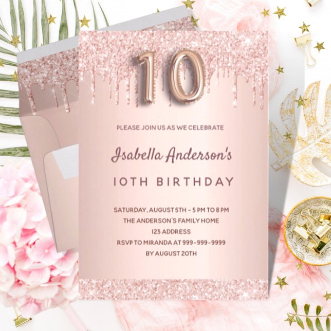 Invitación rosa de cumpleaños  purpurina oro gotea glam rosa (Subido por el creador)