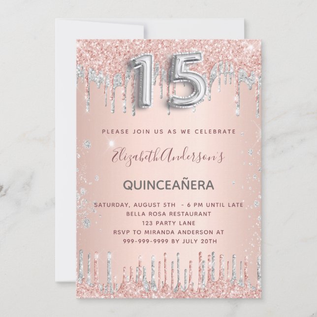 Invitación Rosa de cumpleaños Quinceanera purpurina de plata  (Anverso)