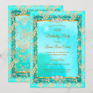 Invitación Rosa de Damasco azul teal dorado Fiesta de Cumplea