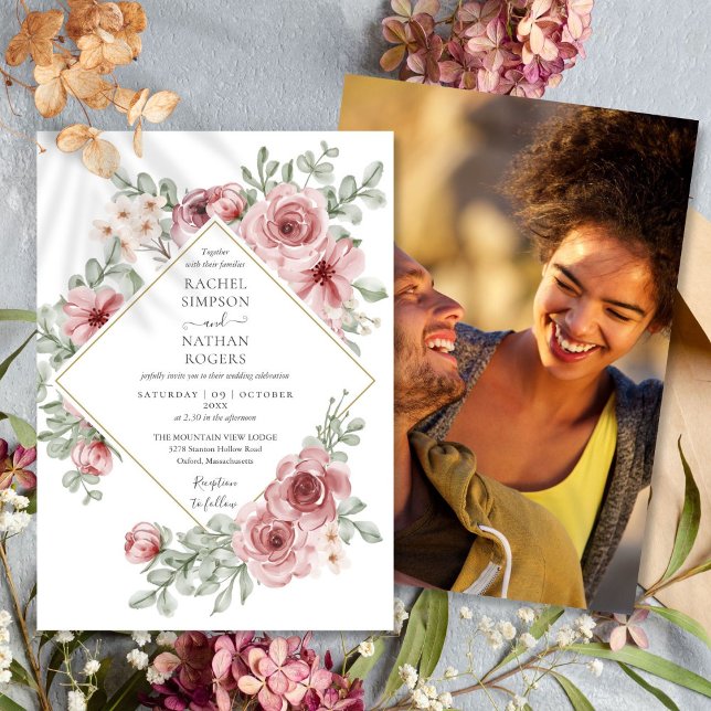 Invitación Rosa de  de oro con polvo floral Boda geométrica f (Floral Dusty Rose Gold Geometric Wedding Photo Invitation)