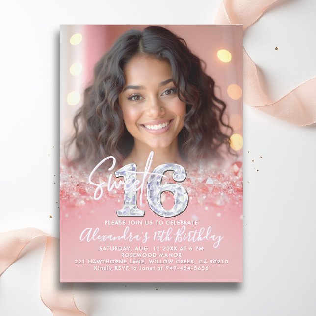 Invitación Rosa de diamantes Moda de espuelas de oro Foto Dul (sweet sixteen invitation 16th birthday diamonds rose gold blush pink photo template fashion teen)