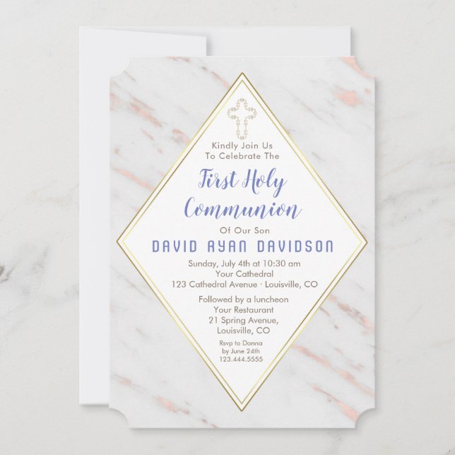 Invitación Rosa De Diamantes Oro Marble Primera Comunión Sant (Anverso)