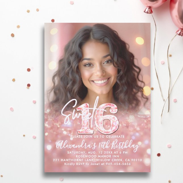 Invitación Rosa de diamantes rosados Moda de oro Foto dulce 1 (sweet sixteen invitation 16th birthday rose gold blush pink diamonds photo template elegant teen)