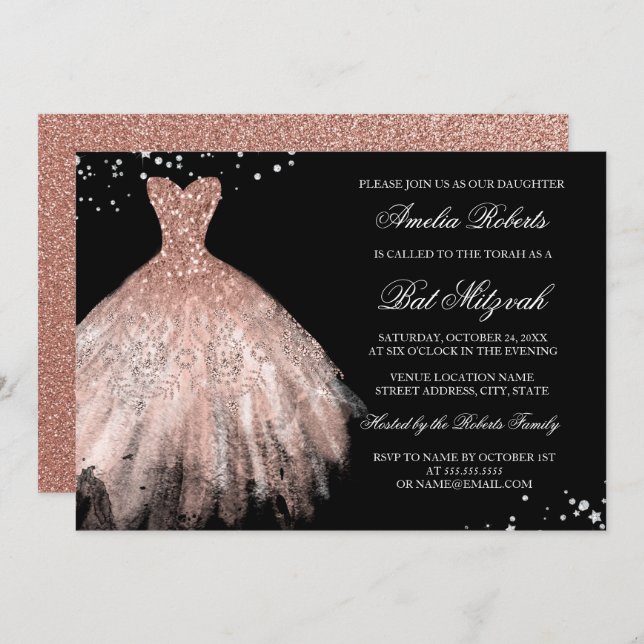 Invitación Rosa De Diamantes Vestido De Espuma De Oro Bat Mit (Anverso / Reverso)