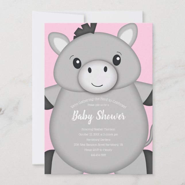 Invitación Rosa de Donkey Baby Shower (Anverso)